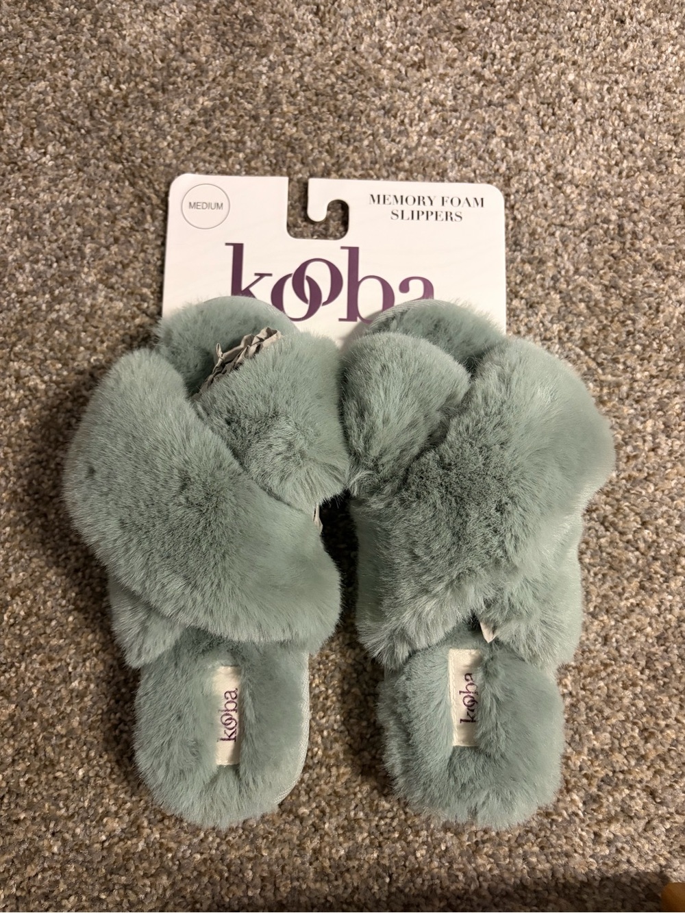 Kooba Sage Green Faux Fur Memory Foam Slide Slippers